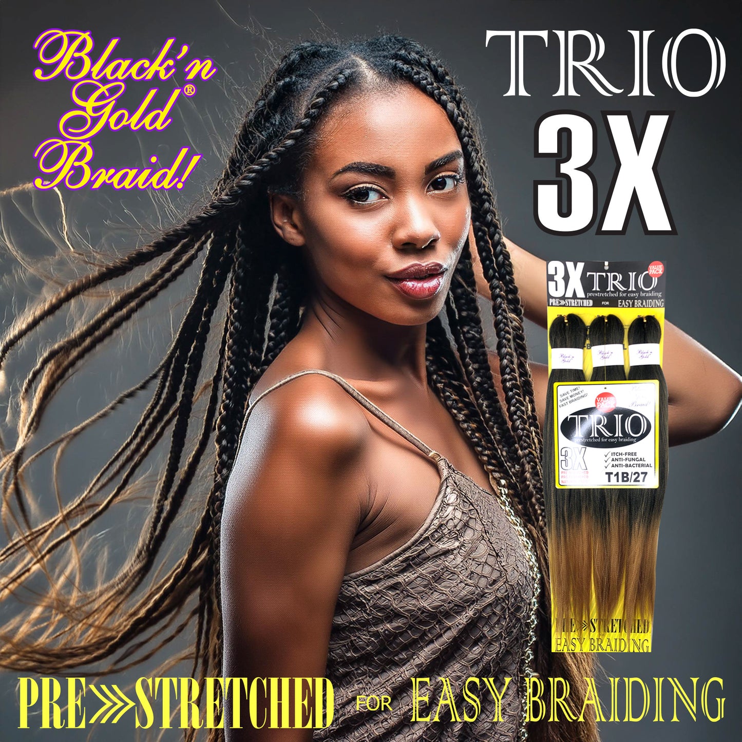 10 Pack Value Deal - 3X TRIO Pre Stretched Braiding Hair 28" for Easy Braiding