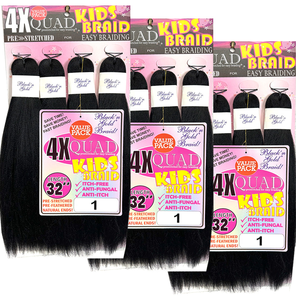 4X QUAD KID'S BRAID Pre Stretched Braiding Hair 16" for Easy Braiding