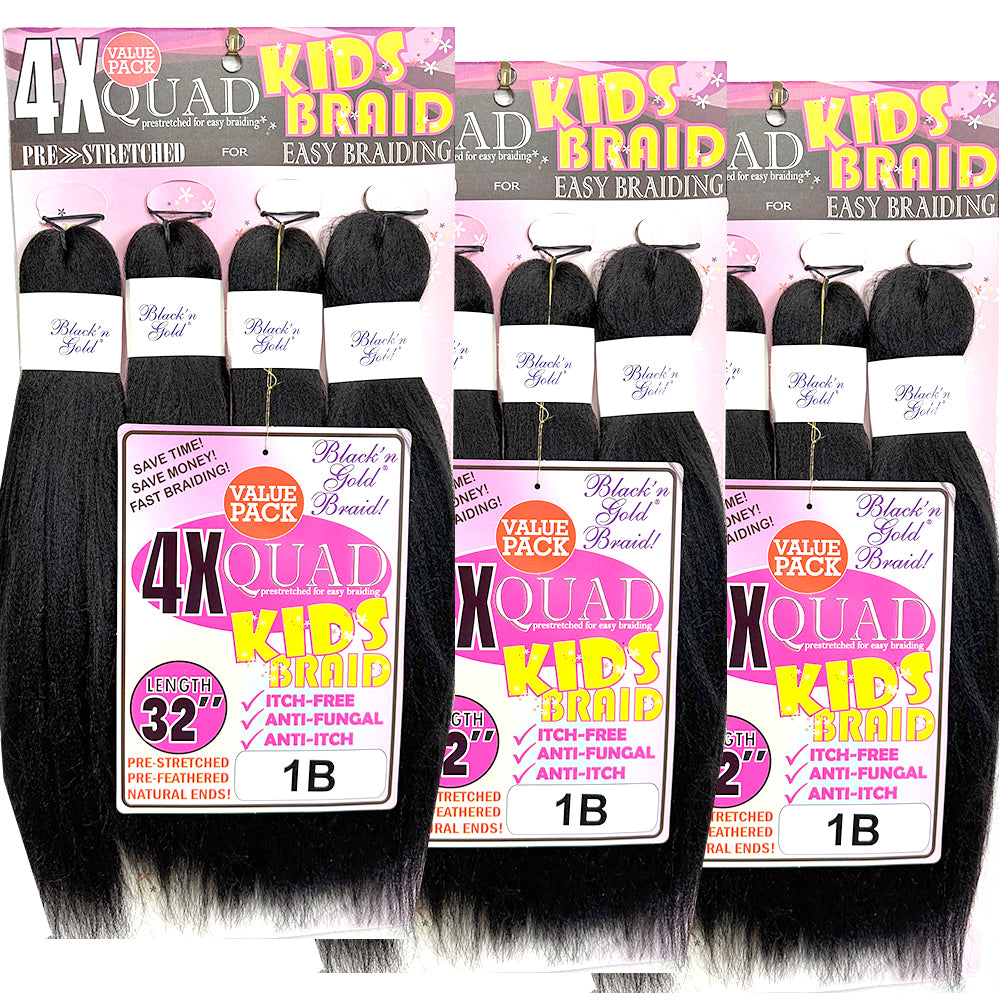 4X QUAD KID'S BRAID Pre Stretched Braiding Hair 16" for Easy Braiding