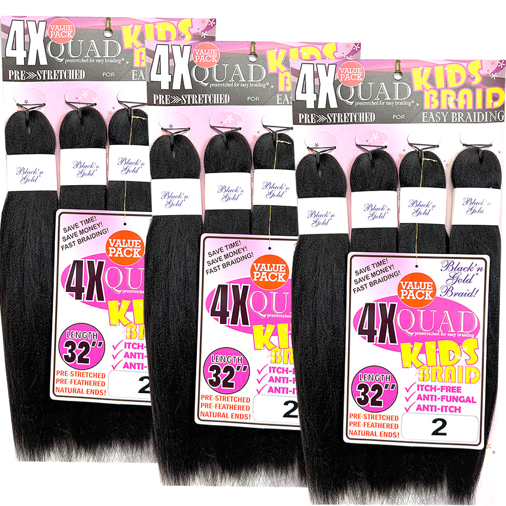 4X QUAD KID'S BRAID Pre Stretched Braiding Hair 16" for Easy Braiding
