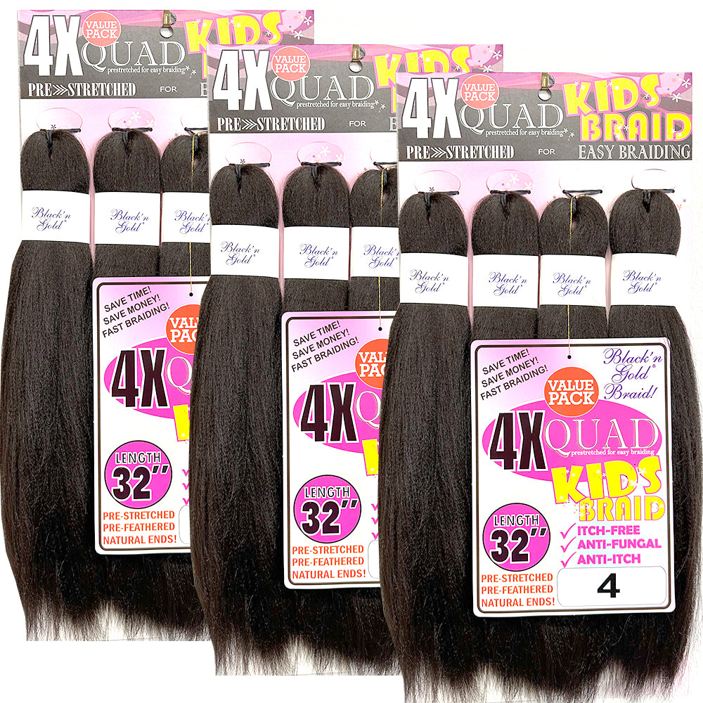 4X QUAD KID'S BRAID Pre Stretched Braiding Hair 16" for Easy Braiding