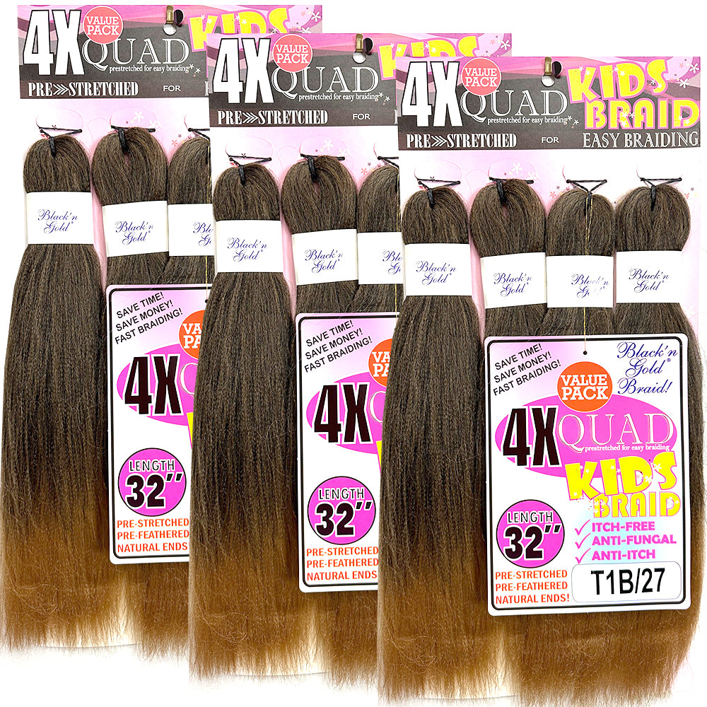 4X QUAD KID'S BRAID Pre Stretched Braiding Hair 16" for Easy Braiding
