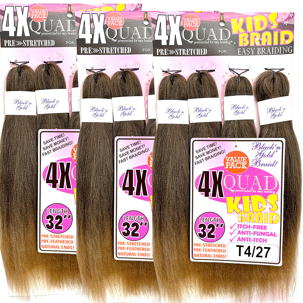 4X QUAD KID'S BRAID Pre Stretched Braiding Hair 16" for Easy Braiding