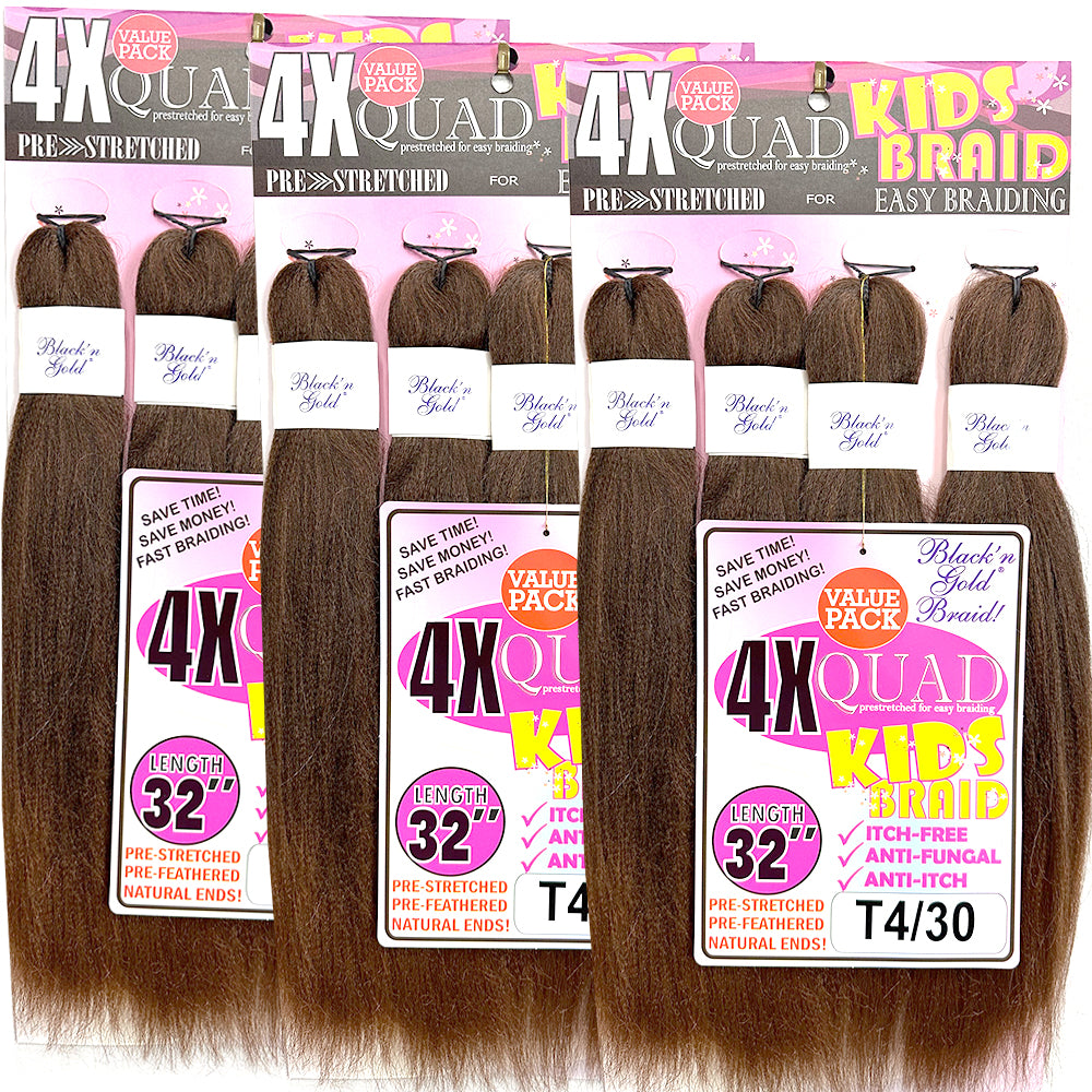 4X QUAD KID'S BRAID Pre Stretched Braiding Hair 16" for Easy Braiding
