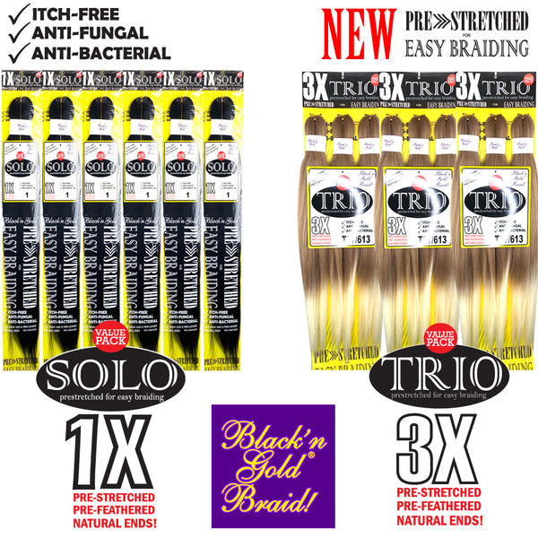 3 Pack Value Deal - 1X Solo Pre Stretched Braiding Hair 28" for Easy Braiding