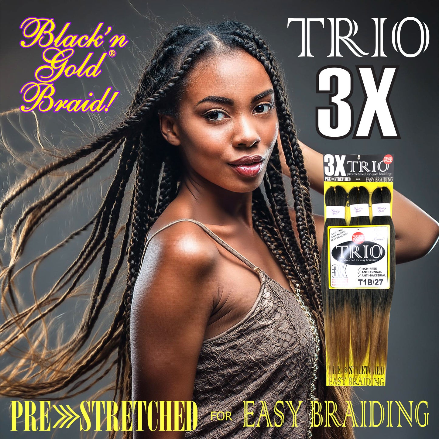 3X TRIO Pre Stretched Braiding Hair 28" for Easy Braiding