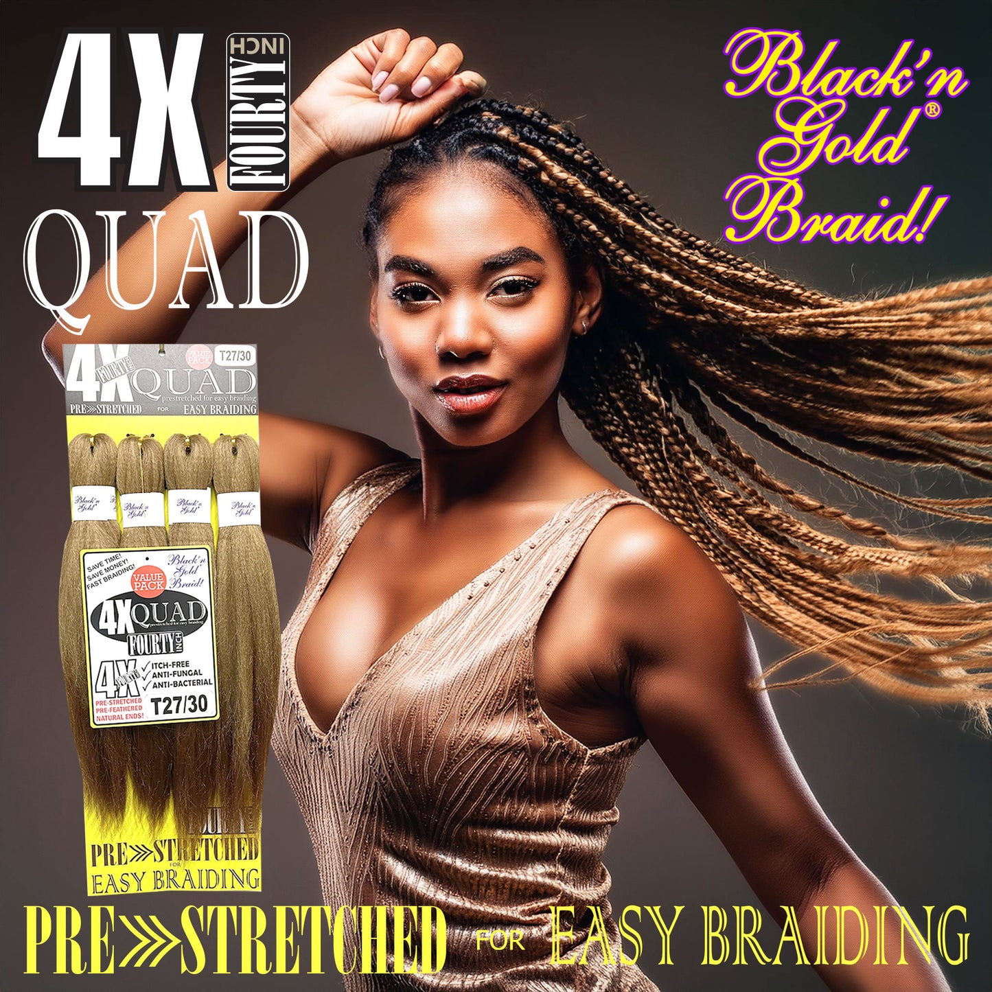 3 Pack Value Deal - 4X QUAD Pre Stretched Braiding Hair 20" for Easy Braiding
