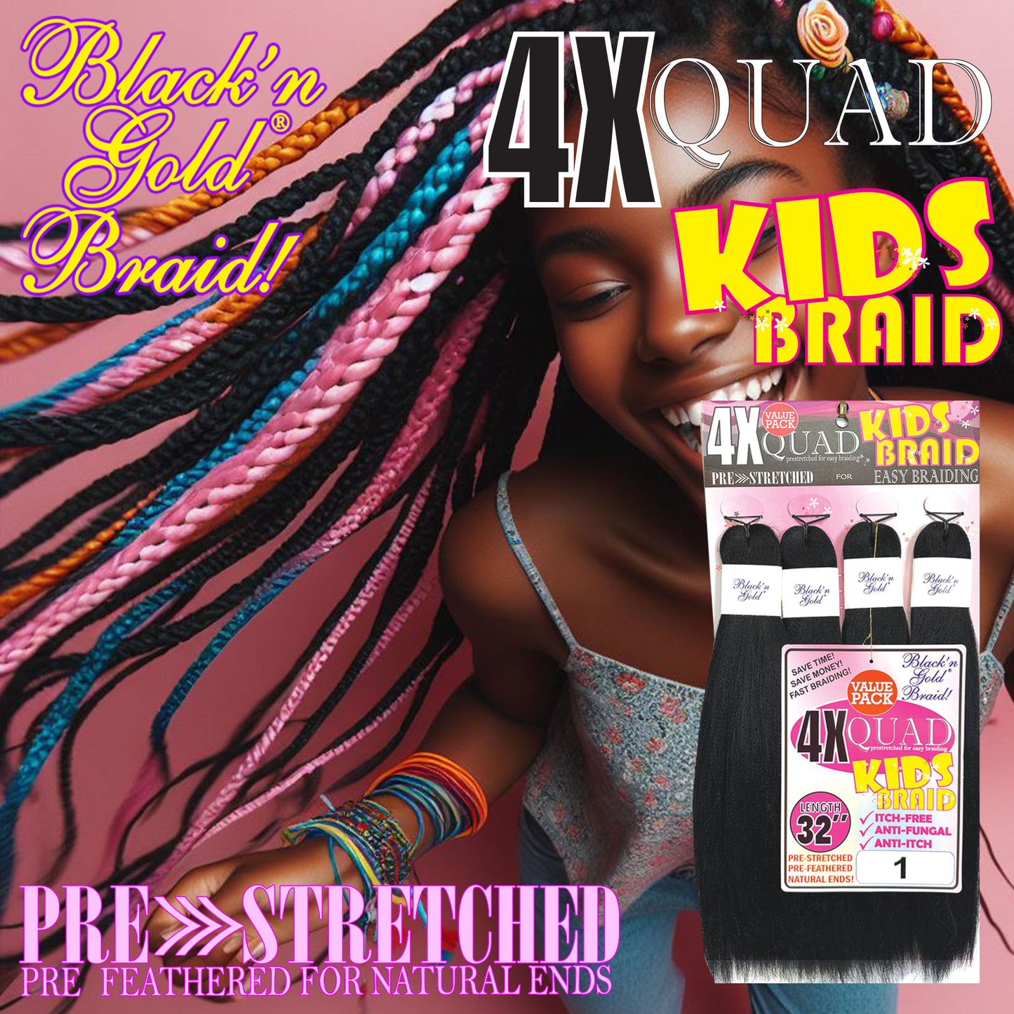 4X QUAD KID'S BRAID Pre Stretched Braiding Hair 16" for Easy Braiding