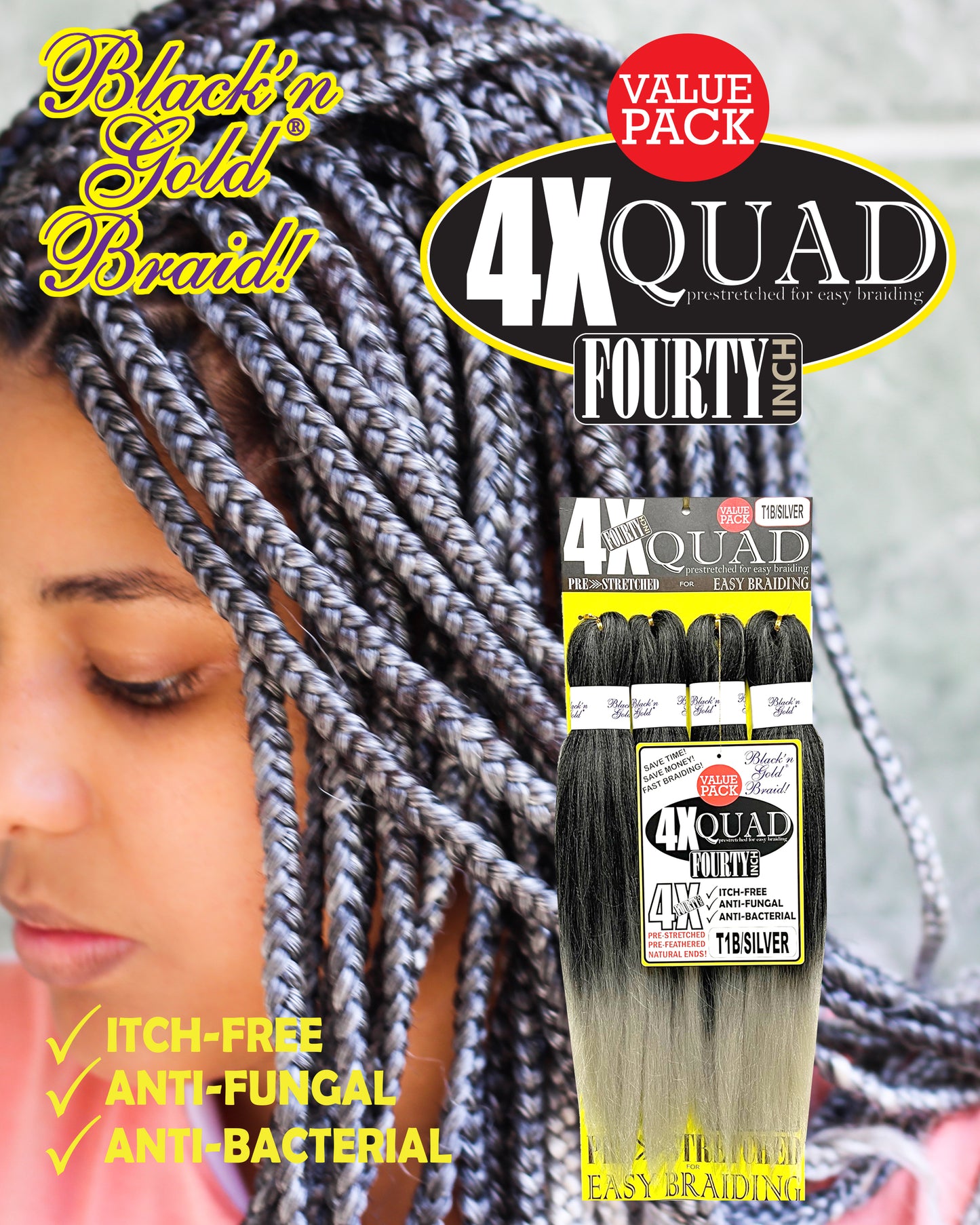 10 Pack Value Deal - 4X QUAD Pre Stretched Braiding Hair 20" for Easy Braiding